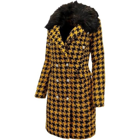 Jessica Simpson Houndstooth Faux Fur Trim Pea Coat